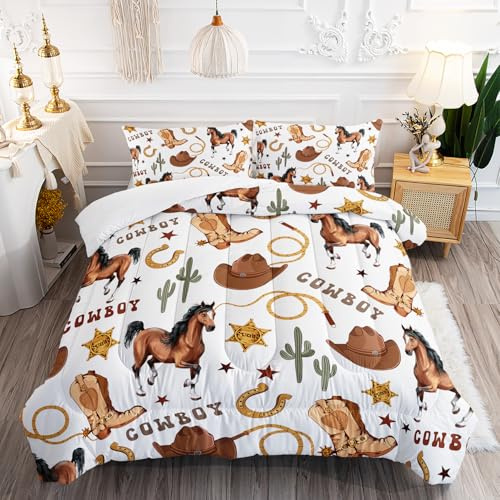 XYNHML Western Horse Comforter 3Pcs Twin Wild Brown Horse Cowboy Boot Hat Cactus Bedding Set for Kid Teen Girl Boy Adult Horsewhip Badge Horseshoe Quilt Bed Decor with 1 Comforter and 2 Pillowcases
