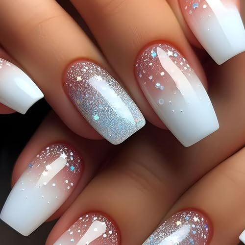 24 Stück Nägel Zum Aufkleben Mittel Quadratische, Weiß Blau Farbverlauf French Press on Nails, Acryl Künstliche Fingernägel Zum Aufkleben, Glitzer Falsche Nägel für Frauen Mädchen Nail Art