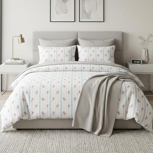 Floral Single Duvet Cover Set Blue White Striped Single Bed Bedding Set