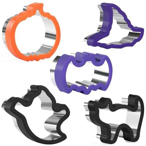 Cortadores de galletas de Halloween, 5 cortadores de galletas de acero inoxidable con agarre cómodo, juego de cortadores de sándwich para hornear calabaza, murciélago, fantasma, gato, sombrero de mago