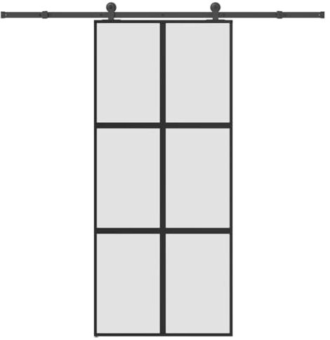 vidaXL Sliding Glass Door with Hardware Set - Matte Black & Aluminum Frame 90x205 cm Modern Internal Tempered Glass Panel for Home or Office, Quiet and Smooth Construction