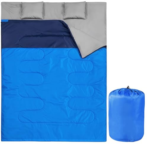 Double Camping Sleeping Bags for Adults Kids Waterproof Two Person Sleeping Bag with Pillow for Cold Weather or Warm Backpacking Hiking Mountaineering Indoor Outdoor Use (Navy Blue and Blue)
