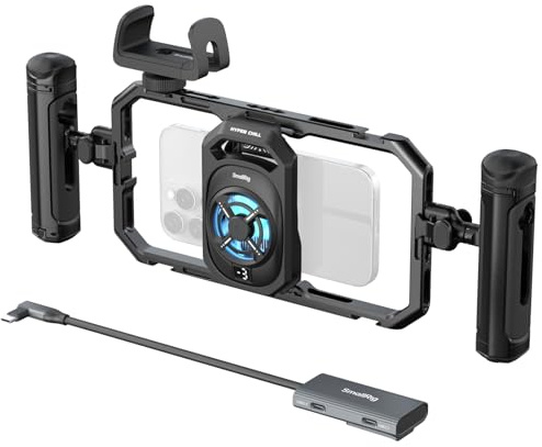 SMALLRIG All-in-One-Kühl-Handyhalterung mit Doppelgriff für iPhone/Android,15W-Aktivkühler, 4-in-1-USB-C-Hub & Powerbank-Halterung, Universell Kompatibel mit 2,5-3,1 Phones, für Live-Streaming – 5276