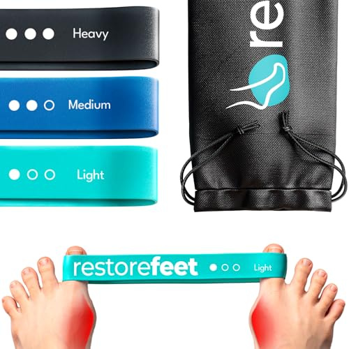 RestoreFeet Set di 3 Bande Elastiche di Resistenza Piedi – Livelli Leggero, Medio, Forte – Alluce Valgo Correttore, Allenamento Barefoot, Fascite Plantare, Pilates, Fisioterapia Podologica