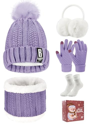 Tuopuda Set Cappello Sciarpa Guanti Paraorecchie e Calze Invernale Donna in Maglia Berretto Pompon Guanti Touchscreen Scaldacollo Caldo Moda 5 Pezzi, Viola con scatola regalo