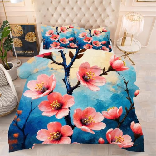 ZZXHG Trapunta Morbida Stampa 3D | Fiori Di Pesco Rosa, Piumino Sostitutivo 4 Stagioni, Coperta Reversibile, con 2 Federe, per Camera da Letto, 135x200 cm