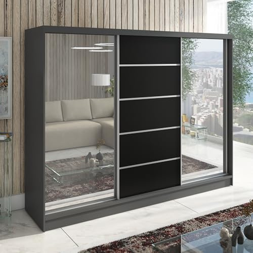A&J MöbelLand Schwebetürenschrank TOP Kleiderschrank 3-türig 200 cm mit Spiegel und Schubladen, moderner Schlafzimmerschrank mit Schiebetüren (Graphit)