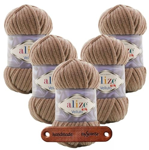 ALIZE 5 x 100g Velluto 329 Tobacco Brown Premium Wolle Chenillegarn kuschelweich Amigurumi Plüschtiere Bulky Babywolle Filzwolle Samtwolle mit mySearose Label