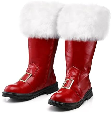 Bottes de Père Noël pour Hommes - Bottes de Neige avec Sangle à Boucle, Poignets en Fourrure Blanche Costumes de Père Noël et Fêtes d'Carnaval, Bottes Mi-Mollet Accessoires de Cosplay