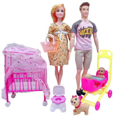 Xoeryoy Set di Bambole per Famiglie, Bambola Incinta con articolazioni mobili, con Bambino nella Pancia, papà e 2 Bambini, e Altri Accessori