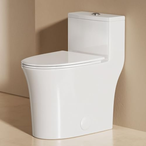 BayRoll One Piece Elongated Toilet, ADA Chair Seat Height 17, High Efficiency Dual Flush 0.9/1.28 GPF, MAP 1000g, 12 Rough-In, Compact Fully Skirted Toilet for Bathrooms with Soft Close Seat, White