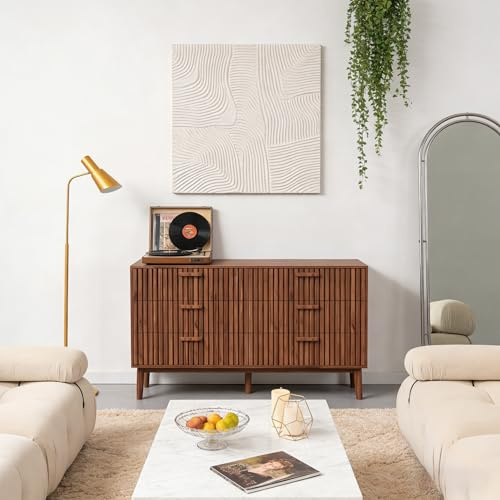 EZSSW Cómoda de madera de nogal con 6 cajones, moderno armario de almacenamiento de diseño minimalista, aparador multifuncional para salón, pasillo o cocina (color nogal 6, madera)