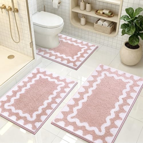 Homodeco Badmattor & Badrumsmattor, set i 3 delar, halkfria, tvättbara badmattor, mjuka, absorberande badrumsmattor, mikrofiber, duschmatta, toalettmatta, wc-matta, set, rosa