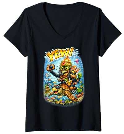 Women's Tiki Man Scuba Diving! Yew! V-Neck T-Shirt