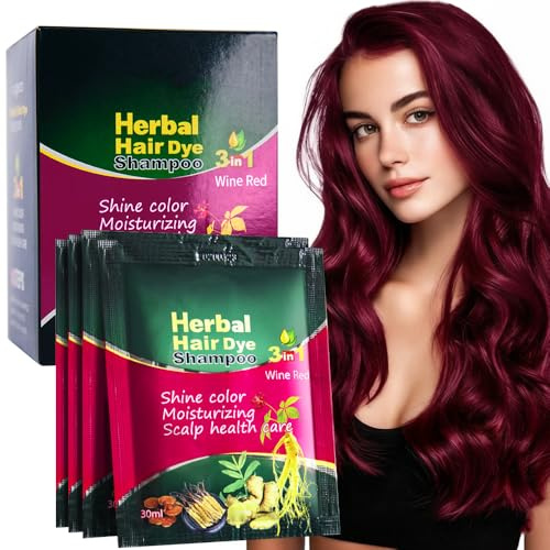 Champú para el cabello unisex tres en uno, color natural a base de hierbas, cubre canas, color duradero, listo para usar, práctico paquete de 10 unidades de 300 ml (rojo vino)
