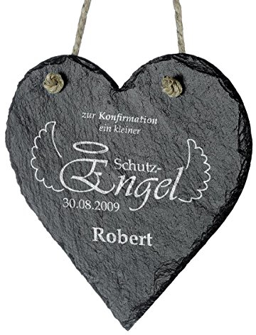 polar-effekt Schieferherz zum Aufhängen Personalisiert mit Gravur - Schiefertafel als Geschenk 18 x 18 cm - Motiv Schutzengel zu kirchl. Anlässen