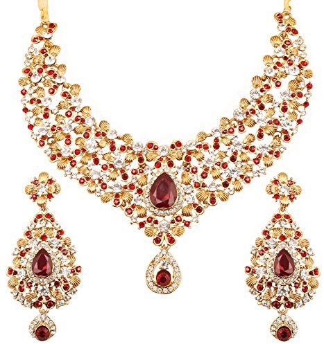 Touchstone Conjunto de collar de joyas de diseñador indio nupcial tradicional de bollywood con rinocerontes blancos y caramelo rojo falso rubí nupcial para mujer Rojo