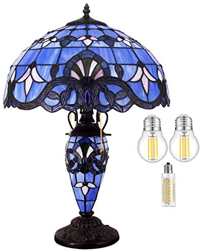 WERFACTORY Tiffany Lamp Blue Purple Lavender Stained Glass Baroque Mother-Daughter Vase Table Lamp 16X16X24 Inches Desk Light Decor Bedroom Living Room Home Office S003C Series