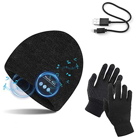 TAGVO Bluetooth V5.0 Beanie con Guanti Touchscreen Set, Inverno Caldo Lavorato a Maglia Senza Fili Bluetooth Cuffia Musica Cappello per Corsa Sci Escursionismo, Regalo di Natale