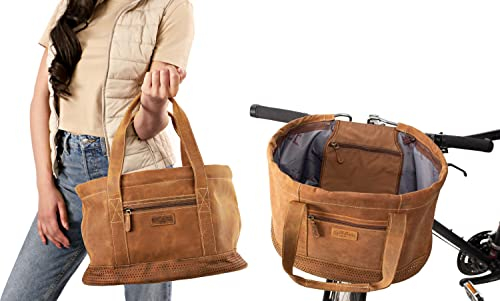 Gusti Fahrradkorb Leder - Egan B. Fahrradtasche Korbtasche abnehmbar Korb Henkeltasche Picknickkorb Lenkertasche mit Canvas Beige kompatibel mit KlickFix ohne Adapter