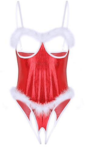 ranrann Femme Déguisement Mère Noël Sexy Body Ouvert Costume Noël Lingerie Bodysuit S-4XL Rouge M
