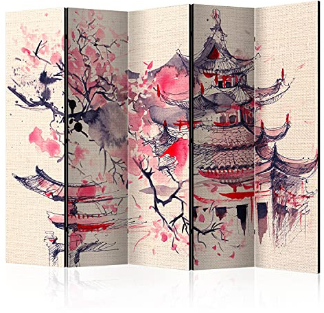murando - Paravent Raumteiler Japanischer Kirschbaum, 225x172 cm, 5-teilig | Mobiler Sichtschutz, sofort einsatzbereit, Holzrahmen, ideal fürs Wohnzimmer oder Büro, geruchsneutral, lichtbeständig