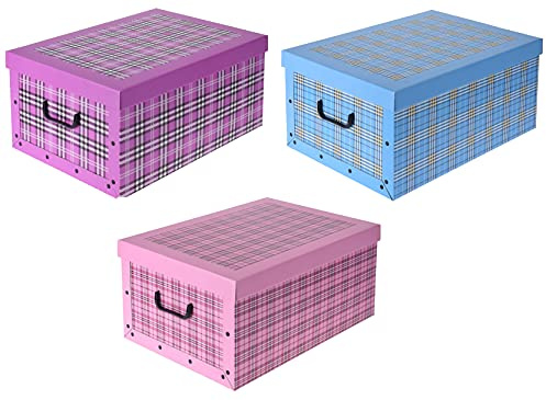 vom Pullach Hof 3er Aufbewahrungsbox aus Pappe in unterschiedlichen Motiven und Designs ca. 51cmx37cmx24cm Pappbox zum Aufbewahren Ordnungsbox Tragegriffe Deckel (Karomuster)