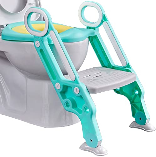 Toilettensitz Mit Treppe Klappbar Zuhause Einstellbar Toilettentrainer Mit Treppe Für Jungen Und Mädchen, Faltbar Und Stabil Toiletten-Trainer Mit PU-Kissen, Belastbarkeit 75kg