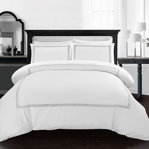 AR Ware Single Duvet Cover Set - Soft Luxury Bratta Stitch Embroidered Microfiber Duvet Sets with 2 Pillowcases - Non Iron Bedding Hotel Quality Quilt Cover (White)
