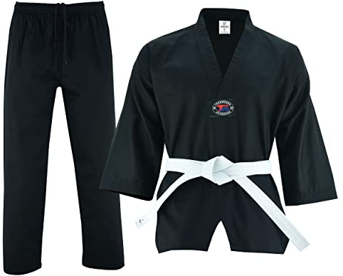 Regular Taekwondo Gi Uniform Set 8oz Ultra Light TKD Suit With Belt For Kids Adults Unisex (Black, 1)