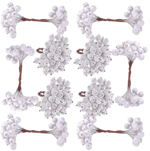 SIMBLOOM 400 Stück Künstliche Holly Beeren Weihnachten Silber Beeren Deko Mini Früchte Künstliche Christmas Frosted Frucht Beere für Weihnachtsbaum Ornamente Weihnachtsdeko (A)