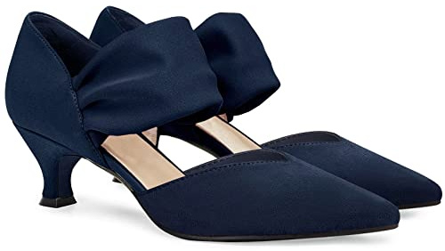 Coutgo Womens Low Kitten Heel Dress Shoes Pointed Toe Slip on Ankle Strap Cutout Elegant Party Wedding Pumps, Navy, 8 UK