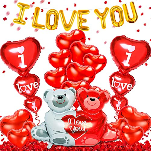 Valentinstag Dekoration Set, I LOVE YOU Folienballon, Heiratsantrag Hochzeit mit Bär Herzluftballons, Rosenblätter rot für Romantische Hochzeit Valentinstag Dekoration Set Geburtstag Brautdusche