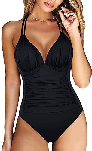RPAEOY Maillot De Bain Femme Une Pièce Ruché Dos Nu Haut Bikini Contrôle Ventre Tankini Profond Bretelles Spaghetti Réglables Maillots De Bain Push Up Rembourré Swimsuit Swimwear Noir M