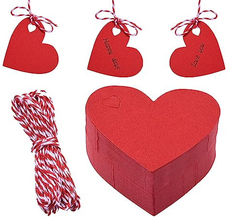 ORUZA Herz Geschenkanhänger Kraftpapier, 100 Stück Kraftpapier Handmade Label mit Roter Zwirn für Hochzeit Geburtstag Ostern Weihnachten Geschenke(Rot)