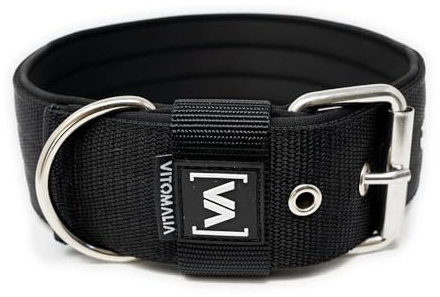 VITOMALIA® 5cm Breites Hundehalsband mit abstehender Neopren-Innenfütterung für Hunde, Silberfarbende Edelstahl-Dornschnalle, Hundehalsband große Hunde (5cm/XL = 50cm-60cm, Schwarz)