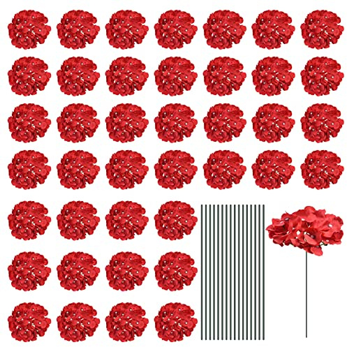 sourcing map Flores de hortensias artificiales de seda, flores artificiales rojas con tallos, flores de hortensias completas para centros de mesa de boda, decoración de fiesta, juego de 30