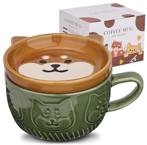 Niedliche Keramik Hund Kaffeebecher mit Deckel,Kaffeebecher oder Teetassen für Hundeliebhaber,Lustige Neuheit Hund Frühstück Tassen für Frauen Freunde Kinder Weihnachten Geburtstag Geschenk,300ML