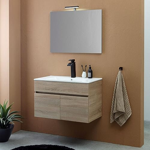 Kiamami Valentina Mobile bagno sospeso rovere brown 80cm, lavabo e specchio 80x60 Silvia