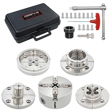 DEEFIINE 4-Backen-Drehfutter-Set, 10,2 cm, vernickelt, selbstzentrierend, 8TPI Gewinde und 3/4 Zoll x 16 TPI Adapter für Drechseln