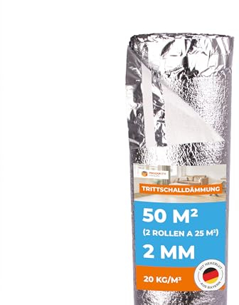 Profi Trittschalldämmung 50 m² PREMIUM SILVER - 2 Rollen 2mm stark mit Dampfsperre, Schall- und Wärmedämmung für Parkett und Laminat, Fußbodenheizung geeignet