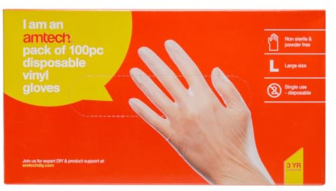 Amtech - Disposable Vinyl Gloves for Cleaning, Handling Food, Working, and More, Home DIY, Durable and Tear Resistant, Powder-Free and Skin Friendly, Non-Sterile (100) (L)