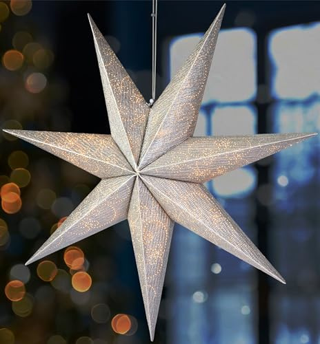 BRUBAKER 60 cm Weihnachtsstern für Innen - Adventsstern mit E14 Fassung | Fenster Leuchtstern zum Aufhängen - Stern Set Weihnachten mit 3,5 m Kabel - 3D Papierstern Deko Hängend - Silber