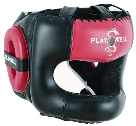 Boxing Ultimate Kopfschutz aus Leder, vollständiger Gesichtsschutz, Schwarz/Kastanienbraun (S/M)