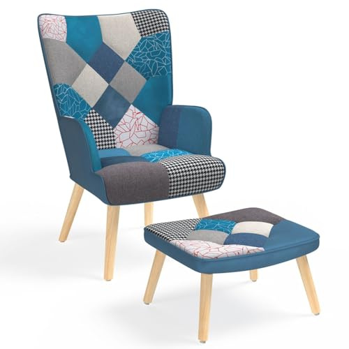 IDMarket - Fauteuil scandinave Ivar avec Repose Pieds en Tissu Patchwork et Velours Bleu