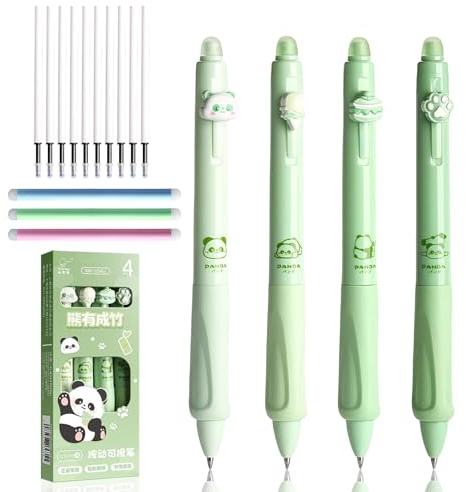 4 Stück Radierbarer Kugelschreiber mit Radiergummi, Blau Thema Panda Radierbare Stifte Set, 0.5mm Radierstift, Thermisch Gelstifte, Tintenroller Radierbar mit 3 Radiergummis und 10 Schwarz Ersatzmine