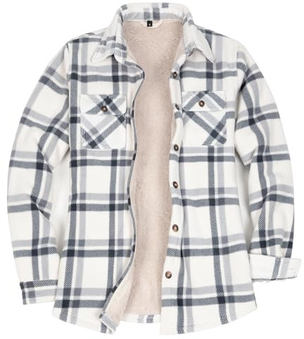 Lisskolo Veste chemise doublée en polaire avec poches pour les mains, veste en flanelle sherpa boutonnée à carreaux pour femme, beige, Small