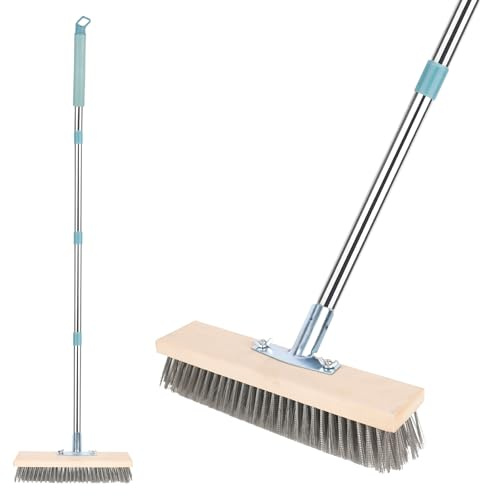 XTDMJ Balai métallique robuste avec poignée télescopique (129,5 cm), brosse à poils en acier rigide de 30 cm, brosse de jardin, brosse de jardin robuste pour enlever les algues de mousse de mauvaises