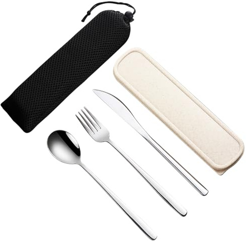 VANRA 3 Stück tragbares Reisebesteck Set mit Koffer 18/8 Edelstahl Besteck Set Wiederverwendbares Besteck Set mit Gabel Löffel Messer für Mittagessen Reisen Camping Schule Arbeit Picknick (Silber)