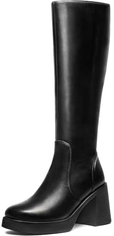 Choiran Black Knee High Boots for Women - Wide Calf Platform Tall Boots Square Toe Chunky Block Heeled Gogo Boots B 8.5
